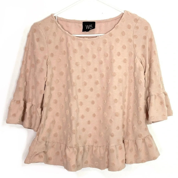 W5 Blush Polka Dot Textured Ruffled 3/4 Sleeve Blouse Pink Women’s Small Barbie - Picture 1 of 12